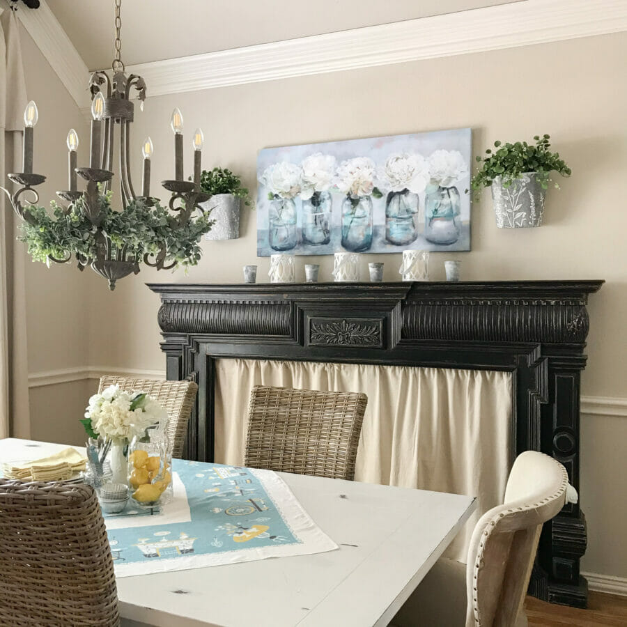 Dining Room with mantel and floral print