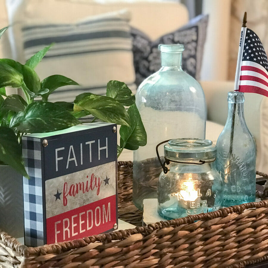 rattan tray with patriotic decor