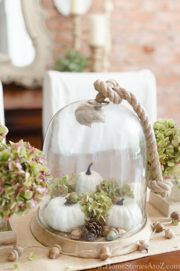 glass cloche with rope handle. Inside is white pumpkins and green hydrangeas