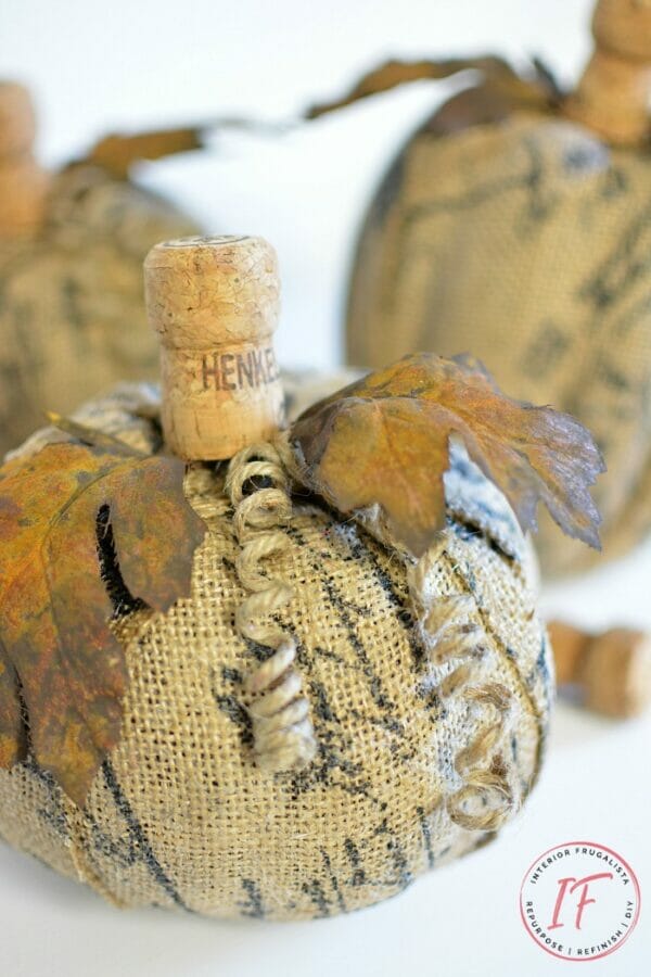 burlap pumpkin with wine cork stem