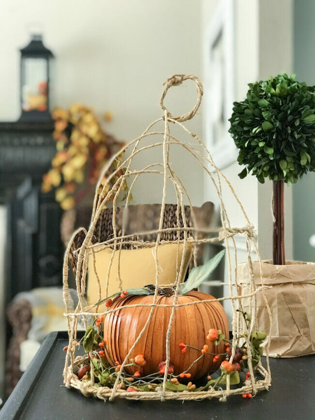 wire cloche with orange pumpkin and topiary