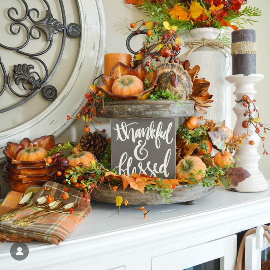 fall vignette on sideboard