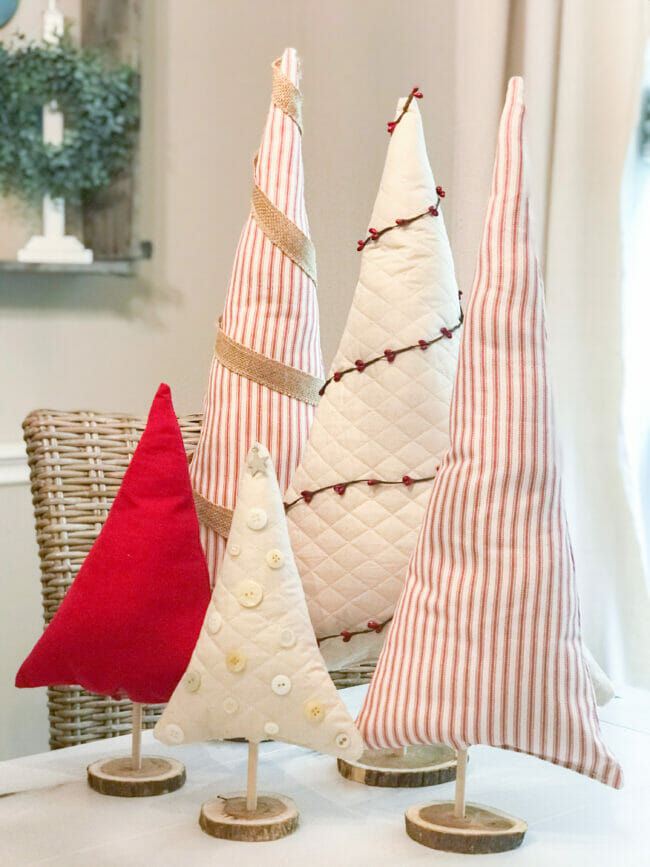 5 fabric Christmas Trees in red and white