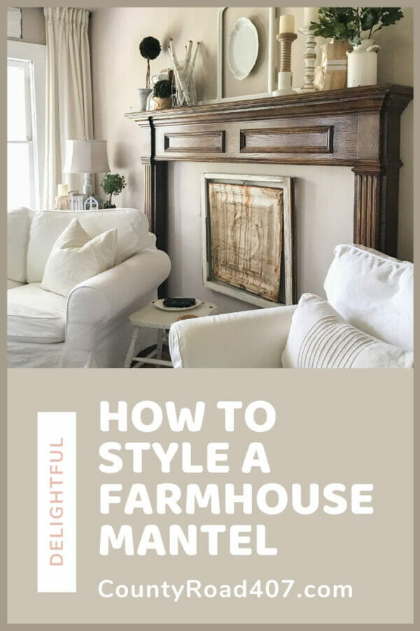 Pinterest graphic with mantel,seating and farmhouse mantel