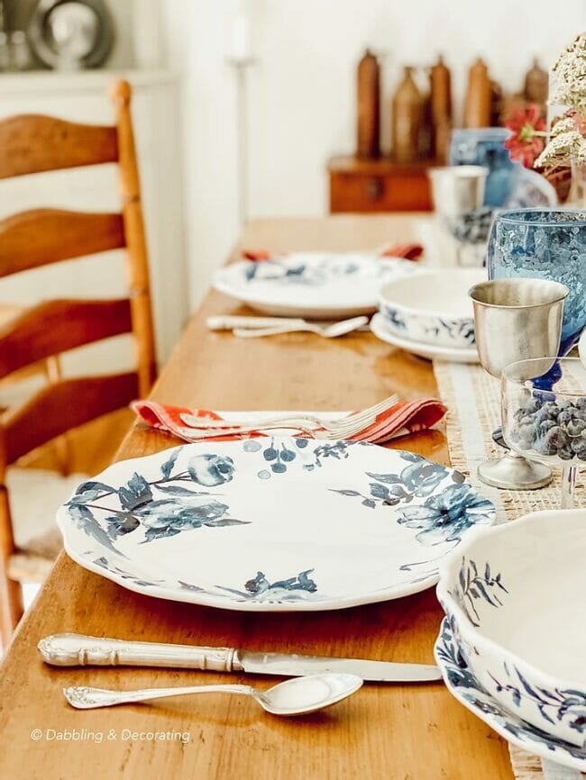 blue and white dish table setting