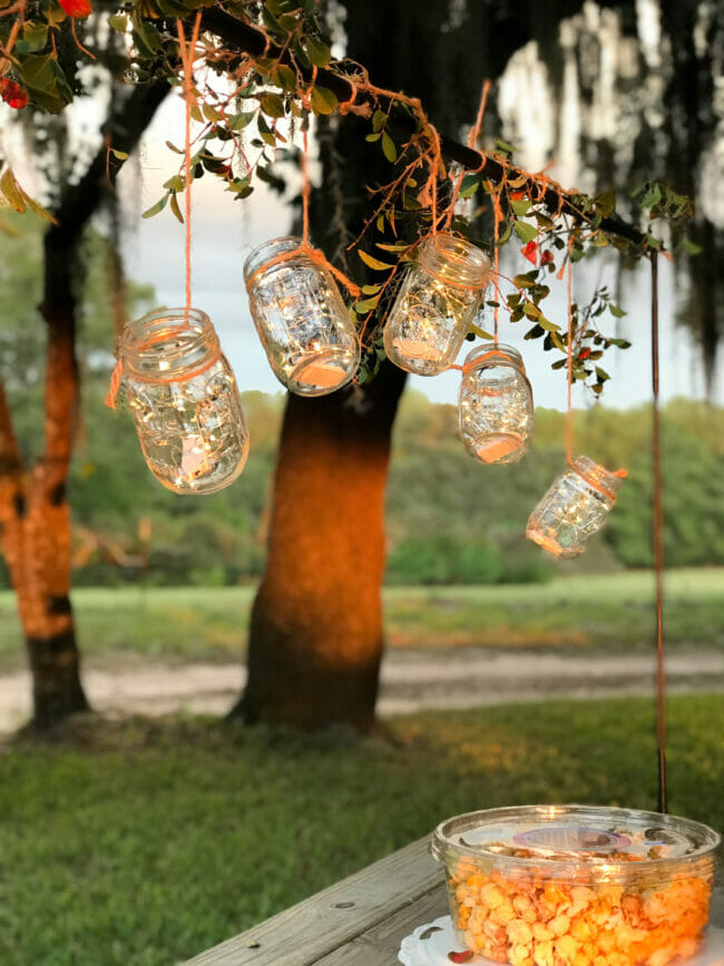 mason jars hangin on rod with fairy lights and trees in background