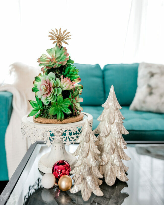 succulent tree with two white trees and red ornament