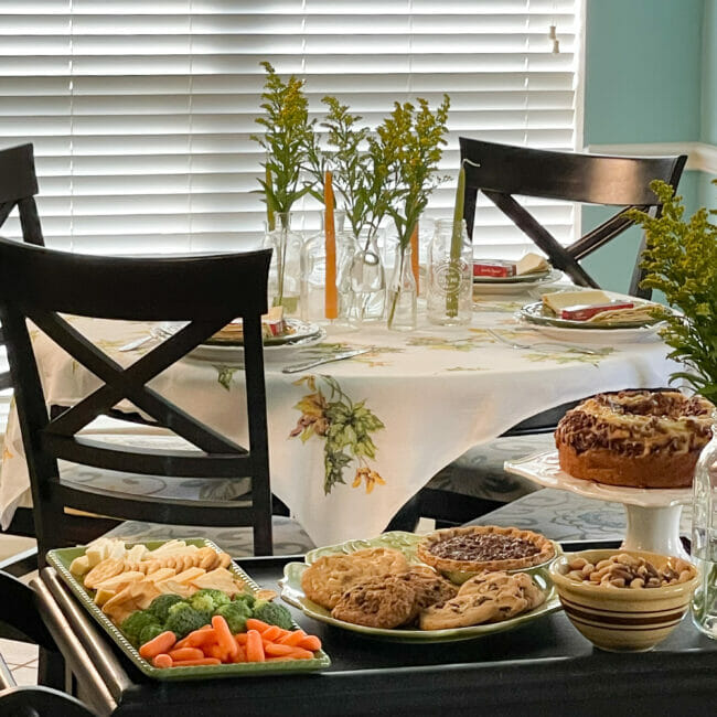 food on dessert cart with Thanksgiving table