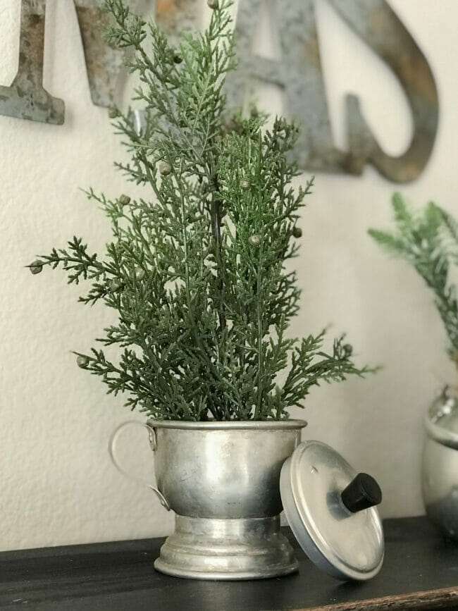 mini pin tree in vintage kettle with lid