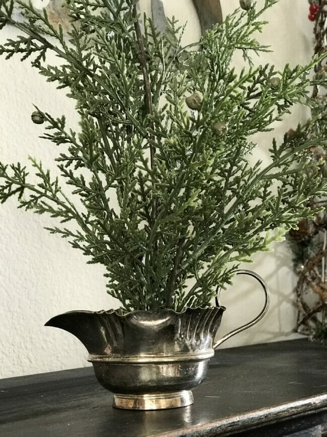 vintage silver creamer with DIY pine tree