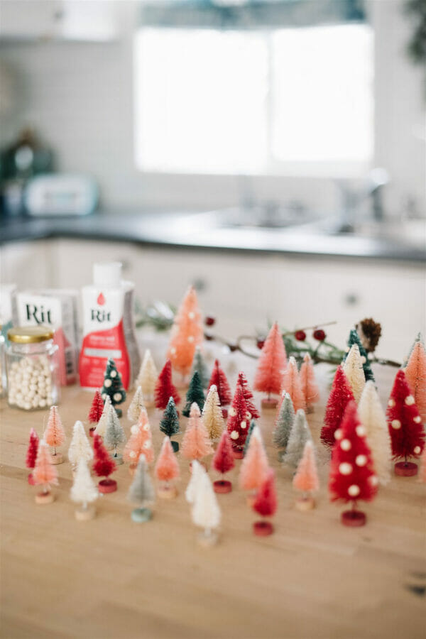 dyed bottle brush trees in kitchen