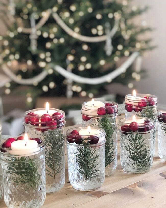 Mason Jars with cranberries and floating candles