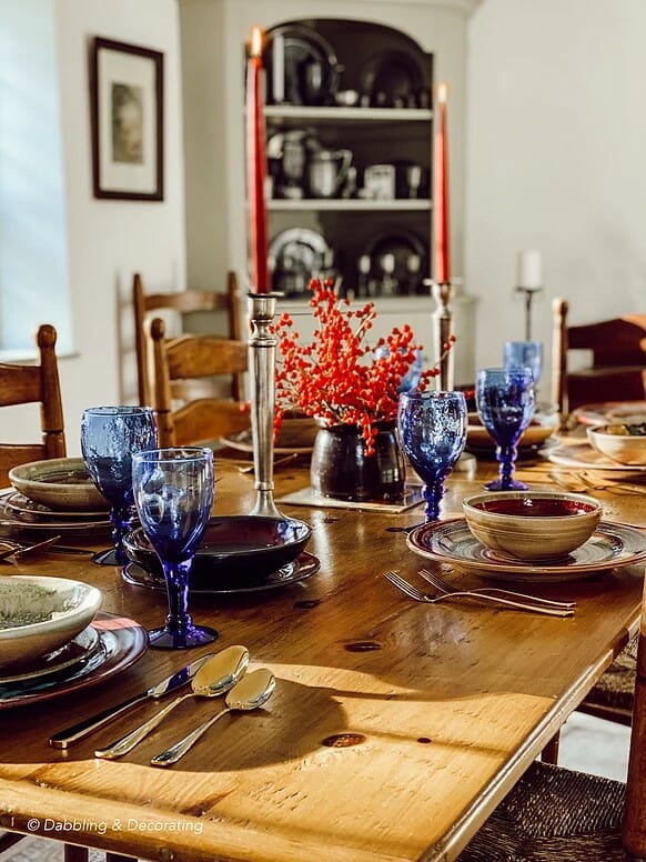 wood table with blue glassess