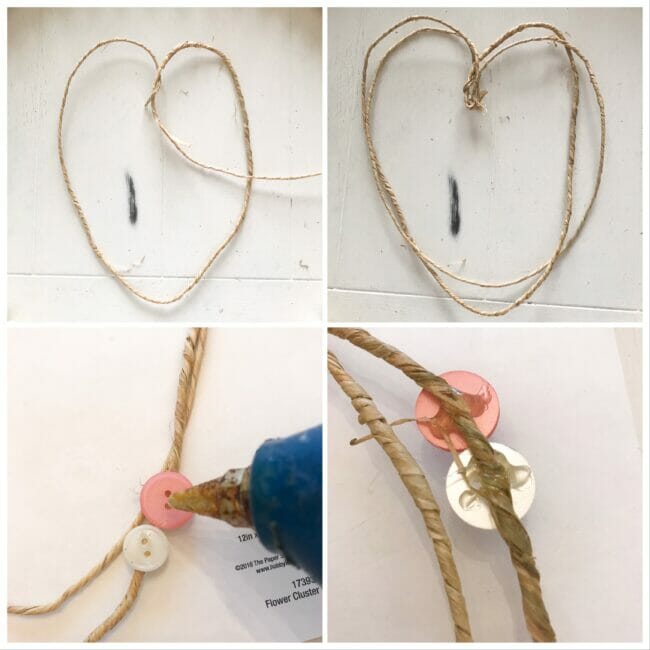 collage of making wire wreath and hot gluing on buttons