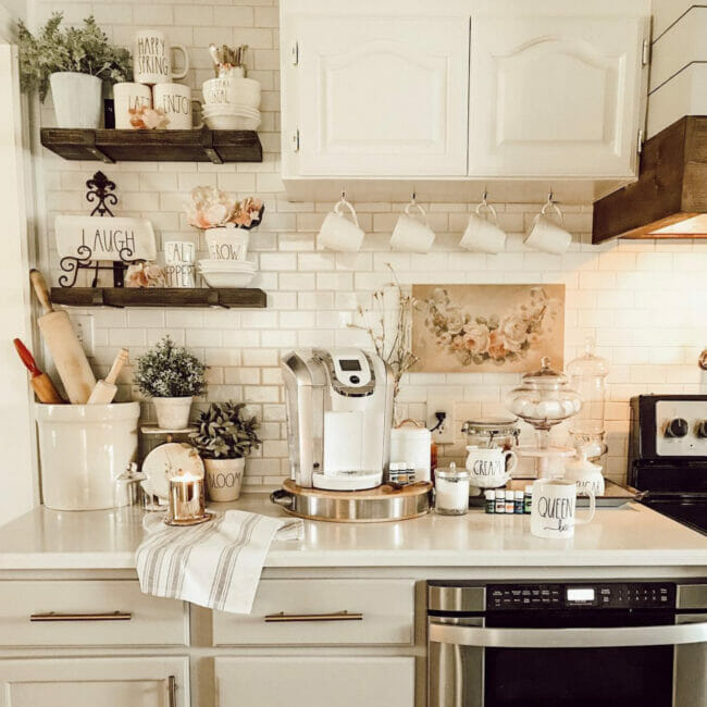white kitchen with coffee station
