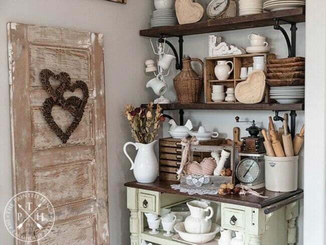farmhouse shelves with Valentine's decor