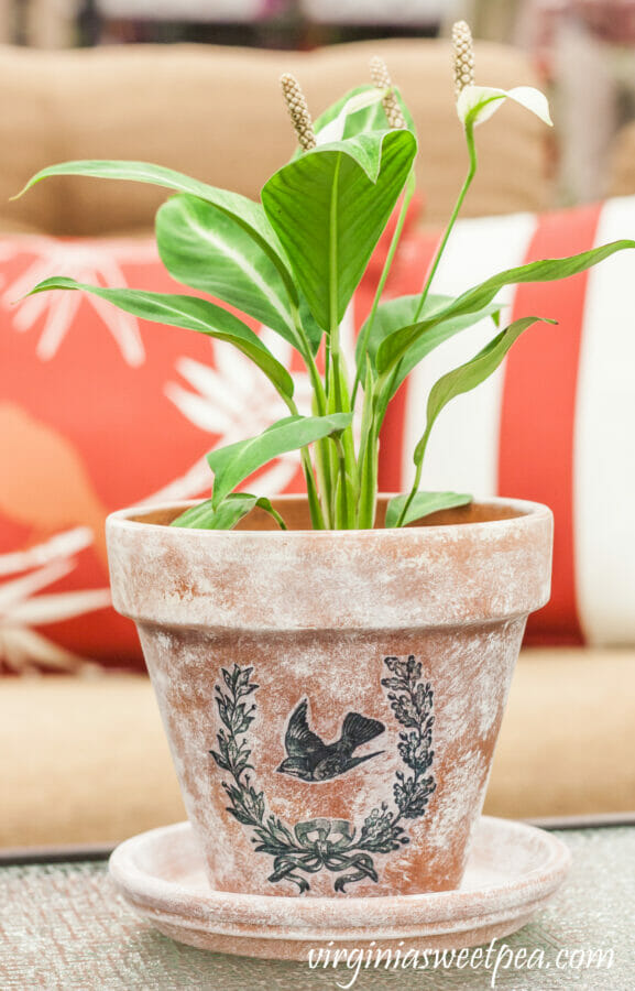 vintage painted pot with bird stencil