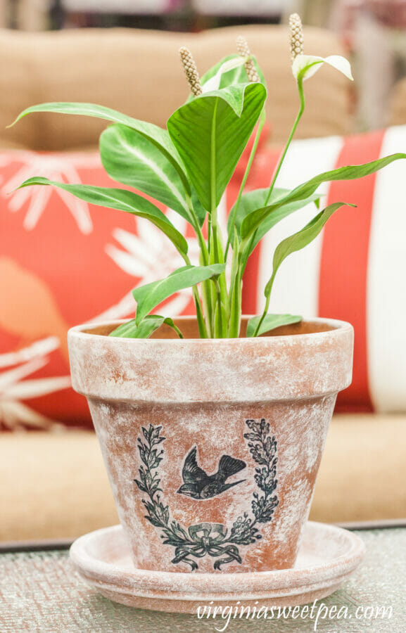 vintage painted pot with bird stencil