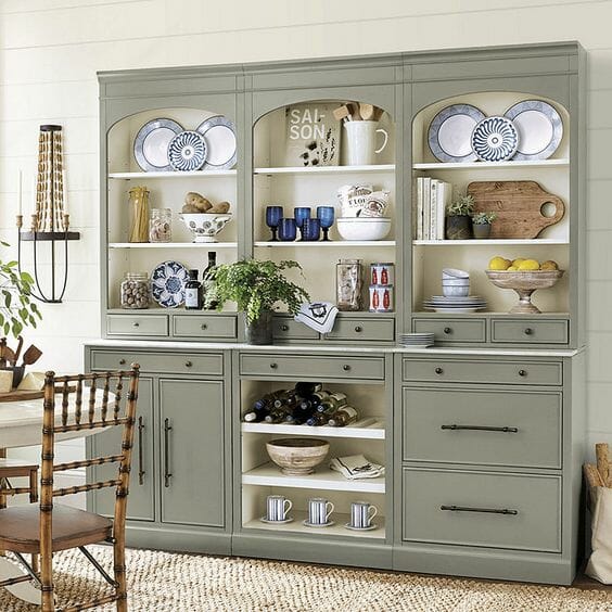 sage green dining hutch with open shelves