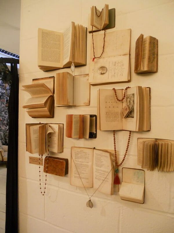 book wall collage with jewelry