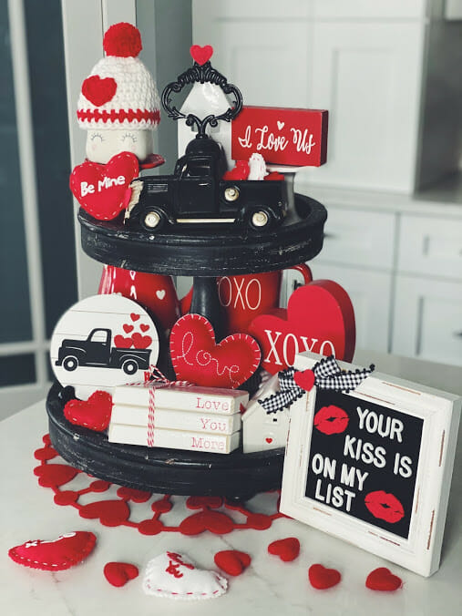 red and black with hearts tiered tray