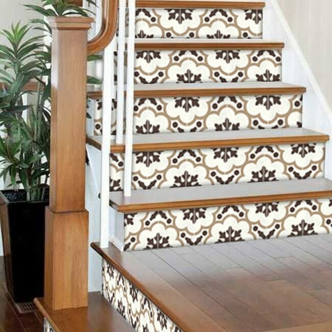 stairs with gold and black decal wallpaper