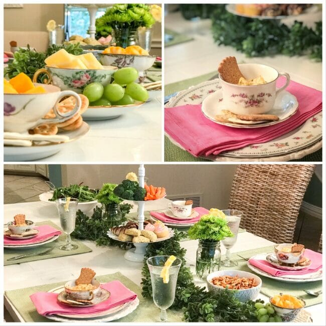 collage of pink napkins, vintage teacups and saucers on a table scape