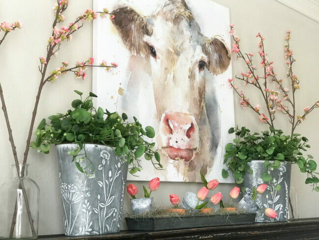 close up of cow print with buckets and greenery