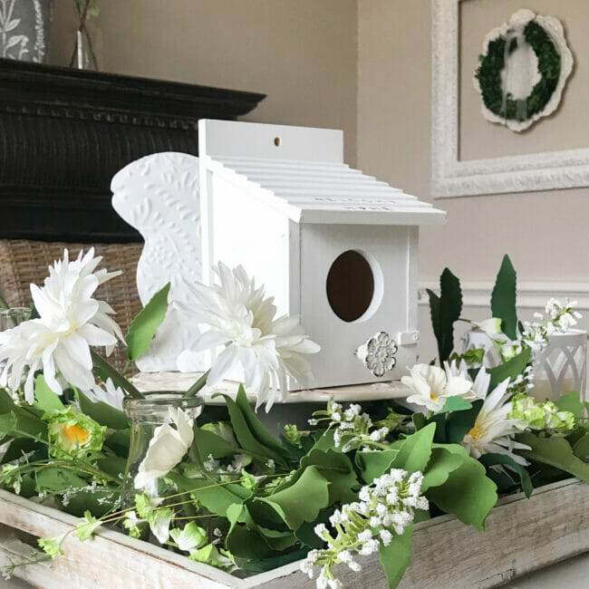 full tray with wreath and white birdhouse