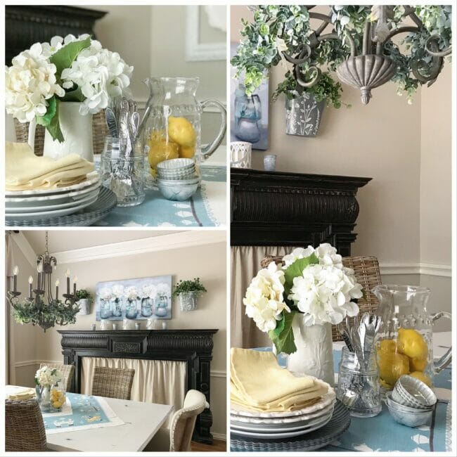 collage image of dishes, flowers and lemons as a centerpiece in dining room with black mantel
