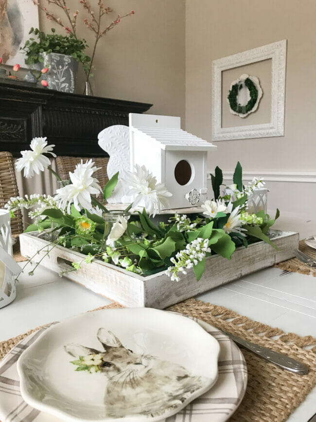 full spring centerpiece with birdhouse, wreath and tray
