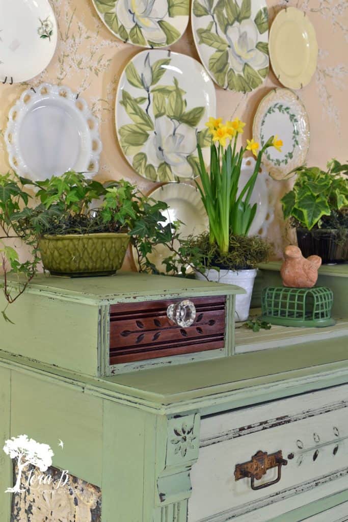 green chest with plants and plates on wall