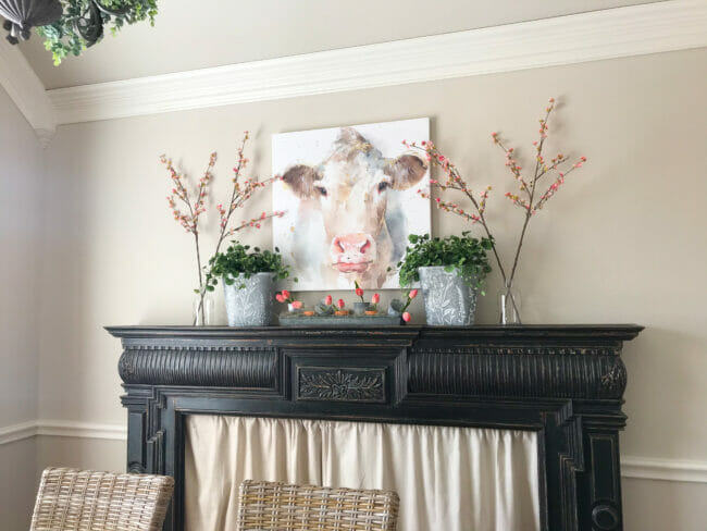 black mantel with cow print, spring stems and greenery in buckets