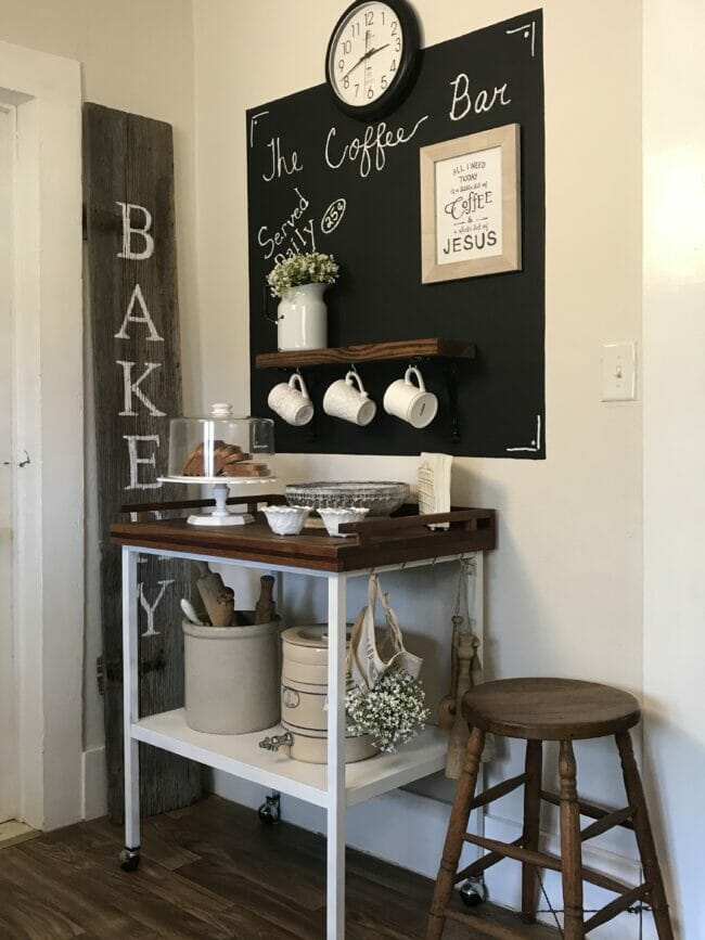 tea cart with Nakery sign and coffee station set up