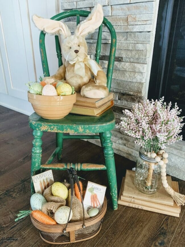 green chair with bunny and eggs in bowl