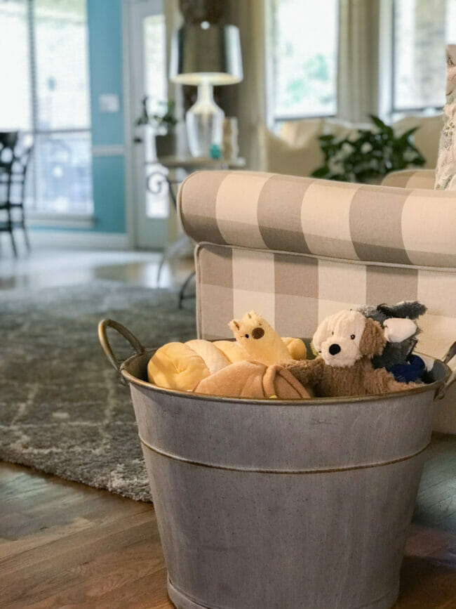bucket of dog toys in front of gray and white checked chair