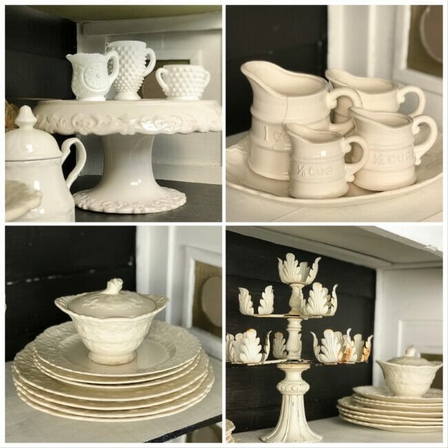 collage of white dishes in hutch