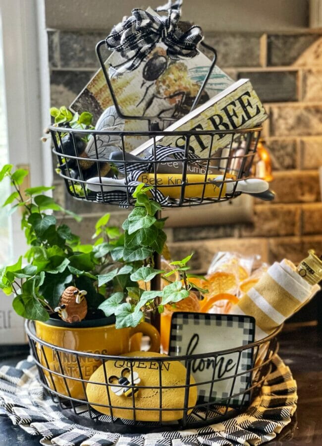 wired tier basket with bee stuff and plant