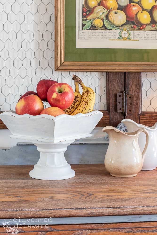 white DIY pedestal bowl with apples