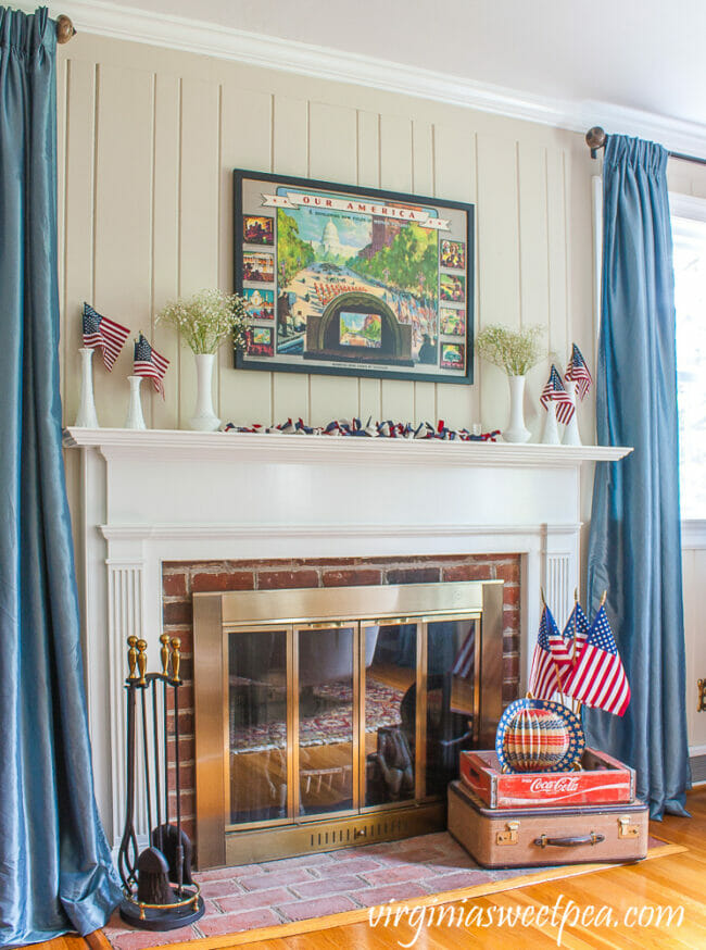 fireplace mantel with patriotic decor