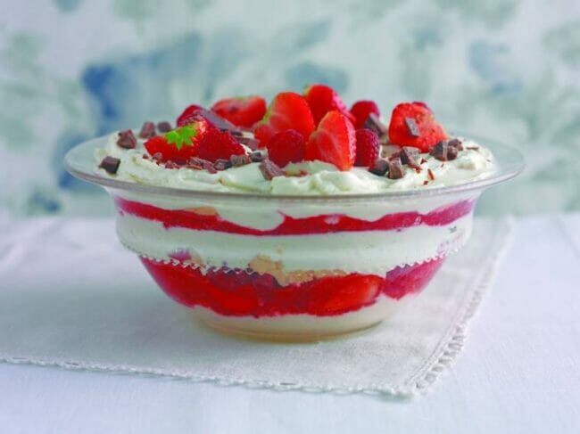 strawberry dessert in clear bowl