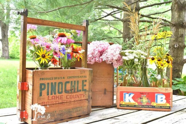 old crates with flowers