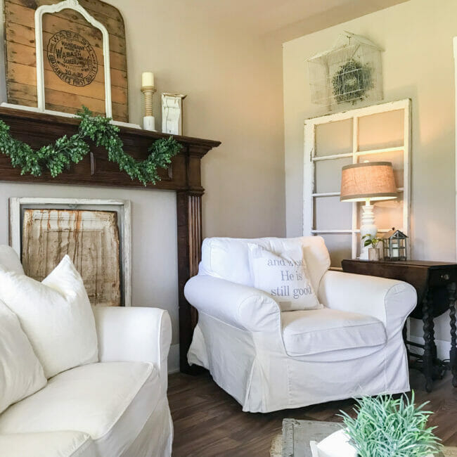 white chair with mantel, door and lamp