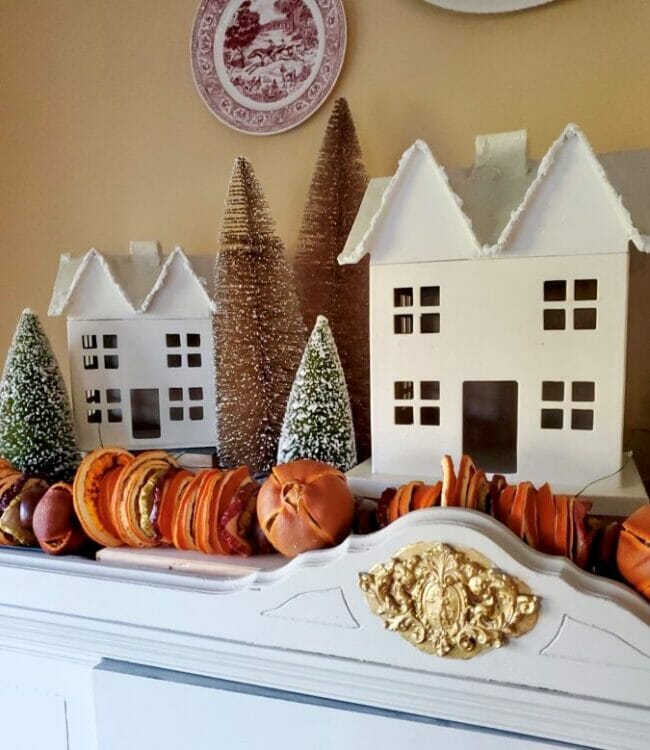 white houses and orange slice garland with trees