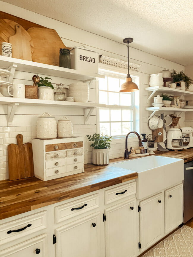 open shelving in farmhouse kitchen