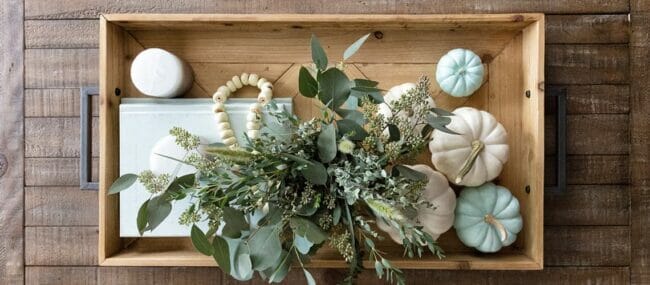 tray on coffee table with pumpkins and faux greenery stems