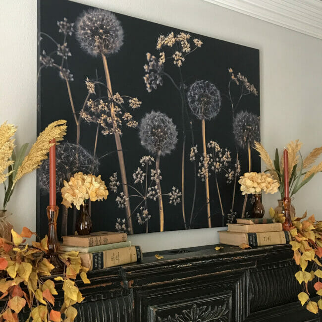Photowall canvas fall print on mantel with leaves, books and flowers