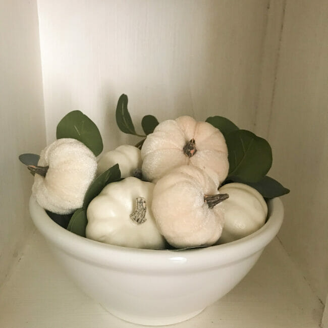 baby white pumpkins in a white ironstone bowl