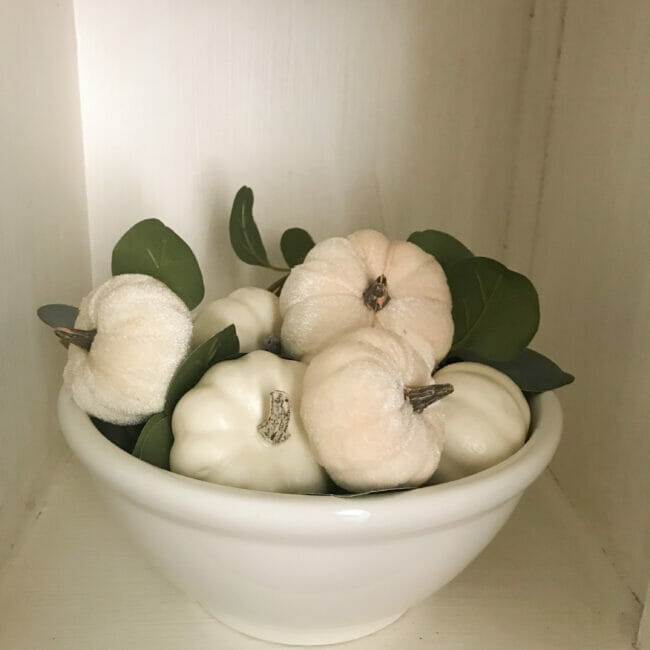 baby white pumpkins in a white ironstone bowl