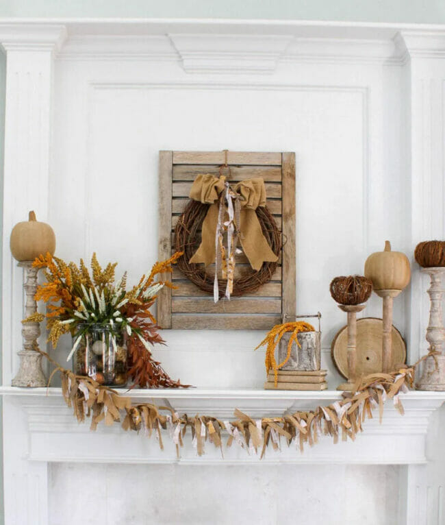 white mantel with burlap banner
